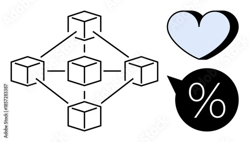 Blockchain, decentralized systems, financial technology, digital love, data sharing, percentage analytics. Network of connected blocks with heart icon and percent symbol. Blockchain and financial