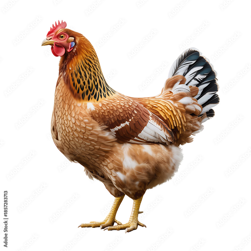 Fototapeta premium A detailed studio shot of a beautiful brown and white feathered hen against a black background