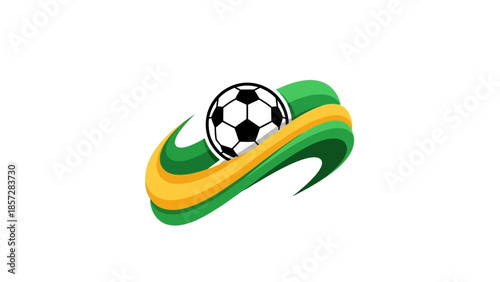 Dynamic soccer ball illustration with vibrant green and yellow abstract ribbons, symbolizing a global sporting event and competition
