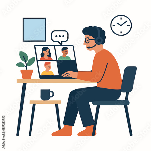 Flat Vector Illustration of Remote Work Lifestyle - Home Office, Virtual Meetings - Simple Shapes, Precise Vector Paths, Clean Anchor Points, White Background 
