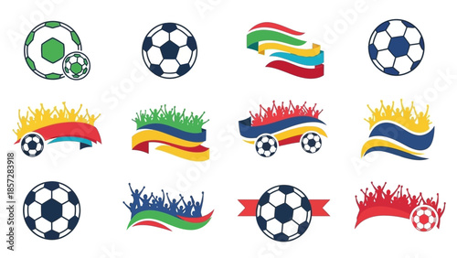 Dynamic graphic illustrations capturing the excitement of soccer championship celebrations with cheering fans and iconic balls.