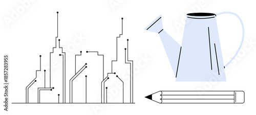 Urban planning, environmental sustainability, technological innovation, creative growth, smart cities, design concepts. Minimalist city skyline with watering can and pencil. Urban planning