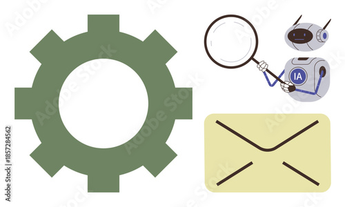 Green gear, beige envelope, and robot holding magnifying glass. Ideal for automation, AI research, email analysis, problem-solving, technology communication digital solutions. Simple flat metaphor