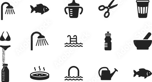 Household and lifestyle icons set, black silhouette hygiene kitchen sports garden objects, minimal flat vector symbols collection