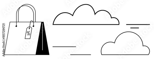 Online shopping concept. Outline of shopping bag with discount tag and cloud elements s e-commerce growth, digital platforms, and convenience of online retail. For e-commerce, digital marketing