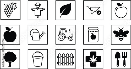 Farm and gardening icons set, agriculture food nature tools symbols, black outline vector collection for eco design