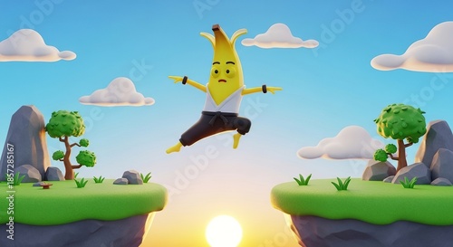 Cheerful animated banana character leaping joyfully over vibrant green hills under a sunny sky with clouds and trees