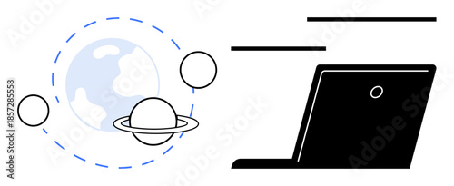 Space technology, global communication, remote work, astronomy education, digital learning, tech advancements. Planetary orbit illustration and laptop side-by-side. Space technology and global