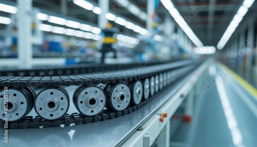 Industrial conveyor chain closeup in tidy factory with cool lighting and motion blur