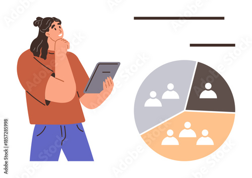 Person contemplating data on a tablet next to a pie chart with demographic segments. Ideal for data analysis, demographic study, decision making, market research, business strategy, statistical