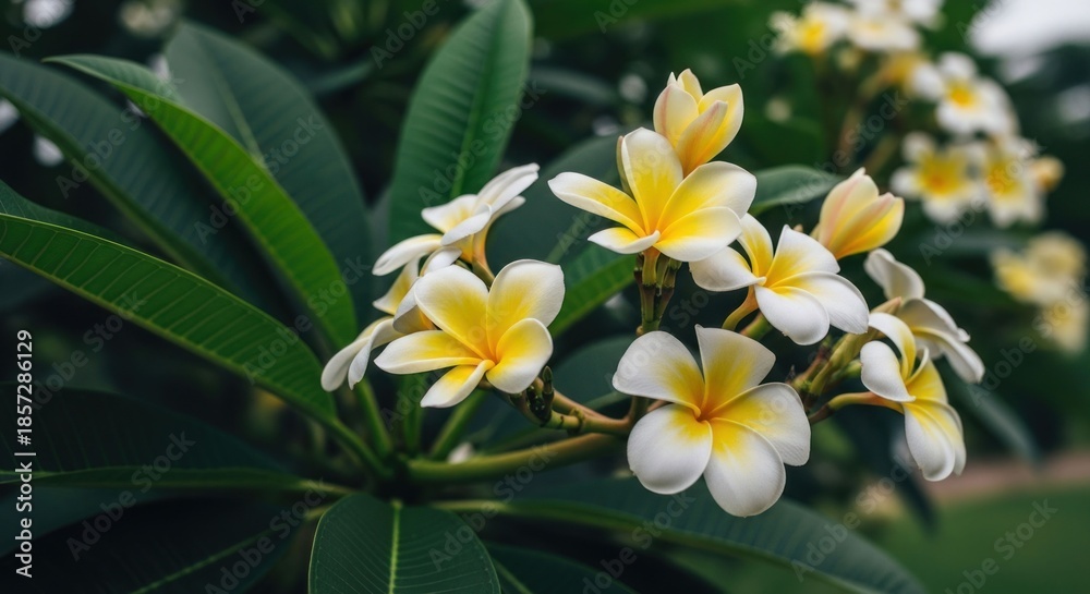 Obraz premium Close-up of plumeria flowers with vibrant yellow and white petals, set against a backdrop of lush, dark green leaves