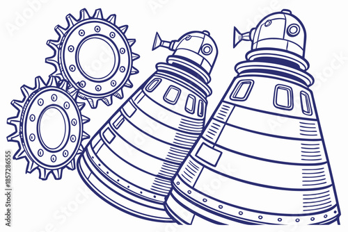 Two Alien Robots And Three Gears In Blue Line Art sci-fi science fiction