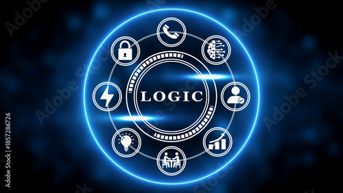 Photography Abstract digital logic concept with icons and glowing blue circle on dark backgr