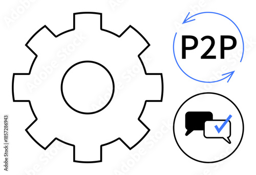 Gear outline, P2P text with arrows, speech bubbles with check mark. Ideal for collaboration, teamwork, technology, communication, process management networking automation. Simple flat metaphor
