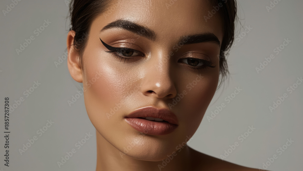 Fototapeta premium Lucid realism beauty closeup woman with bold black eyeliner and glowing skin