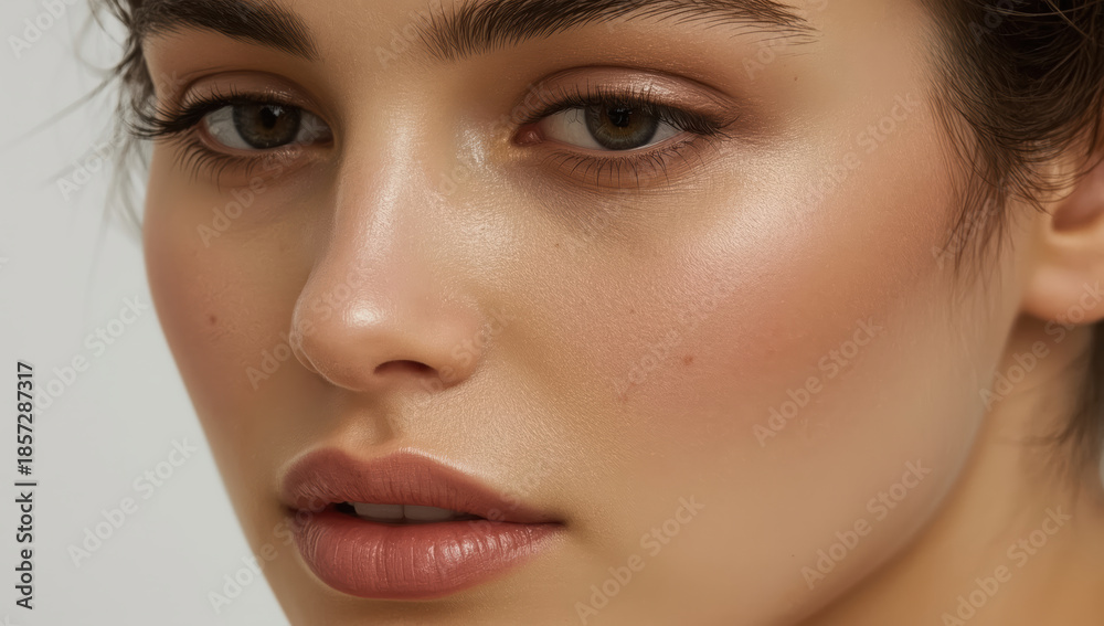 Fototapeta premium Radiant closeup portrait of freckled woman with natural makeup and dewy skin
