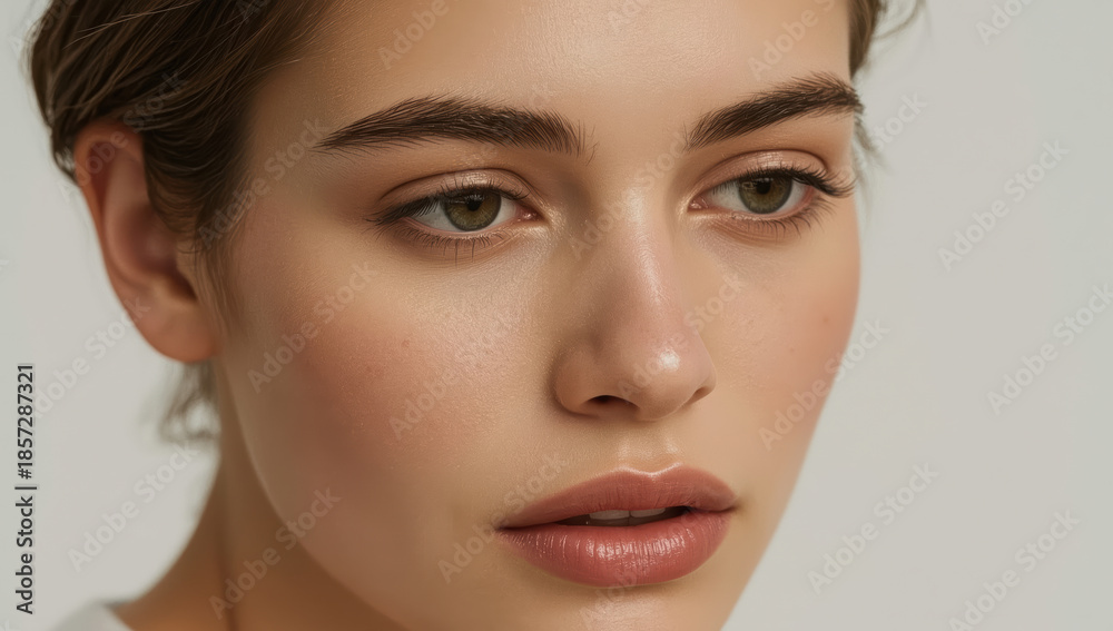 Fototapeta premium Young woman closeup portrait with natural freckle and soft expression