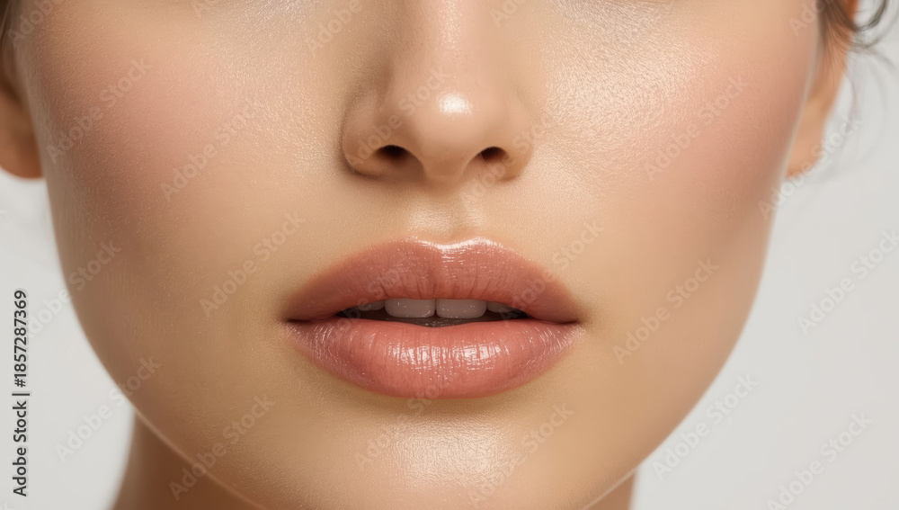 Fototapeta premium Lucid skin lips nose closeup soft natural makeup glossy lip