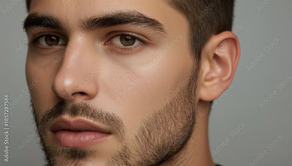 Fototapeta premium Young male portrait with closeup gaze and trimmed beard, soft lighting, neutral background