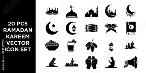 Ramadan kareem vector icon set with 20 pieces of islamic symbols and objects