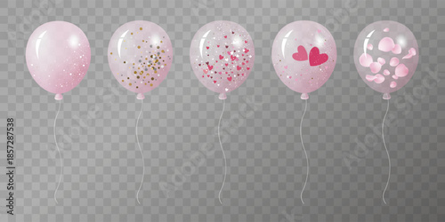 Set of pink party balloons with glitter, hearts, and rose petals on transparent background for Wedding and Valentine's day Vector illustration