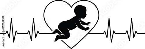 Black silhouette of a crawling baby inside a heart with a heartbeat pulse line, infant health care and pediatrics concept (20 words)