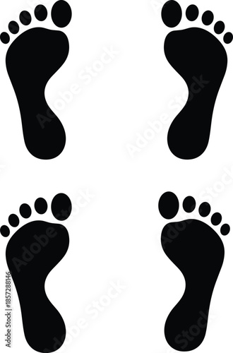 Set of black human footprint silhouettes, pair of bare feet icons for podiatry health, walking path steps, and tracking symbols (20 words)