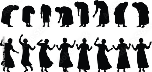 Set of black silhouettes of elderly women, senior ladies dancing and bending in various poses for aging and lifestyle design (20 words)