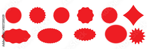 Set of black star burst shape tags for price. Circle sticker. Wavy edge promo badges. Blank sale stickers collection. Design elements of Price sticker, sale sticker, starburst, quality mark, retro.