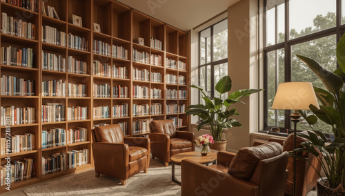 Wallpaper Mural Cozy modern library room with wooden shelves, leather chairs, large windows and plants Torontodigital.ca