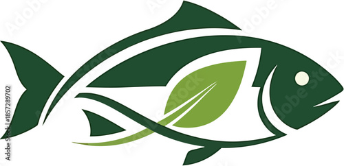 Stylized green fish logo with vibrant leaf, representing sustainable seafood, organic aquaculture, and healthy, eco-friendly aquatic life for conscious brands