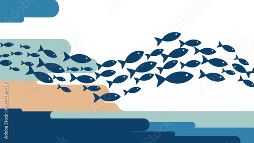 Stylized graphic illustration depicting a vibrant school of fish swimming in unified harmony across abstract undulating patterns, symbolizing collective movement and aquatic life