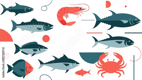 Various seafood and fish illustrations in a flat, modern style with geometric shapes and clean lines