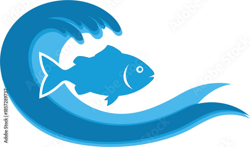 Illustration of a fish swimming in a wave, representing ocean life and marine adventures