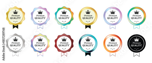 Premium quality badge collection with ribbons. Luxury vector seal templates for product certification. Collection of premium quality labels and badges.