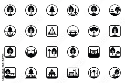 Minimalist forest icons set in circular and square frames