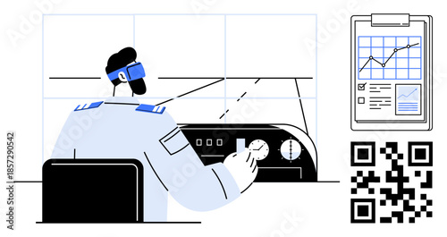 Aviation control, technology use, data management, operations monitoring, safety protocols, modern innovation. Air traffic controller using equipment with a QR code and graphs. Aviation control