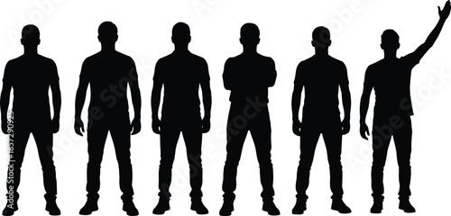 Set of six black male silhouettes, men standing in various poses with one raising a hand, community and leadership icons (20 words)