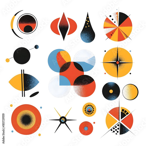 Geometric Abstraction: A collection of diverse, abstract geometric shapes, each a unique exploration of form, color, and composition. The patterns are evocative and open to interpretation.