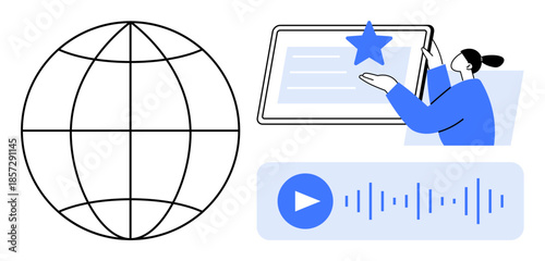 Online education, multimedia content, digital communication, global access, interactive learning, technology. Tablet with a star, globe and audio interface. Online education and multimedia content