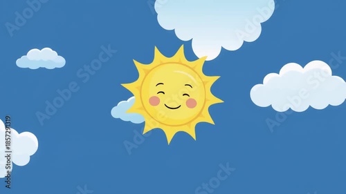 A cheerful cartoon sun with a smiling face in a blue sky with white clouds, depicting a bright and happy day.