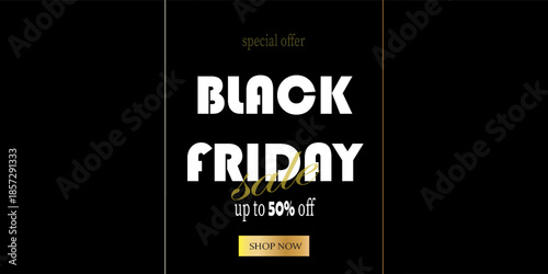 Black Friday Sale horizontal banner with golden glitter, text, and glare. Luxurious background for advertising, social media posts, promotion, web banners. Modern discount background. Vector template.