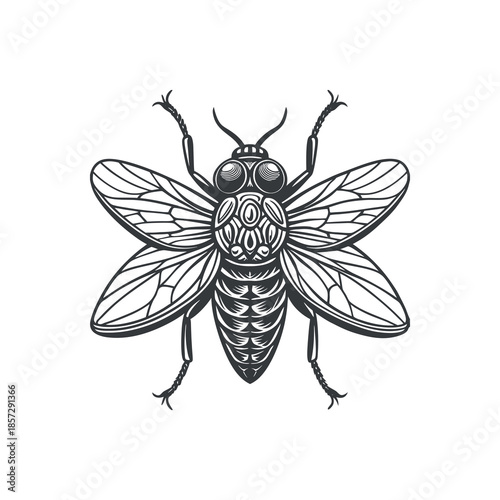 A detailed black and white illustration of a fly with intricate patterns on its body and wings, presented from a top-down perspective.