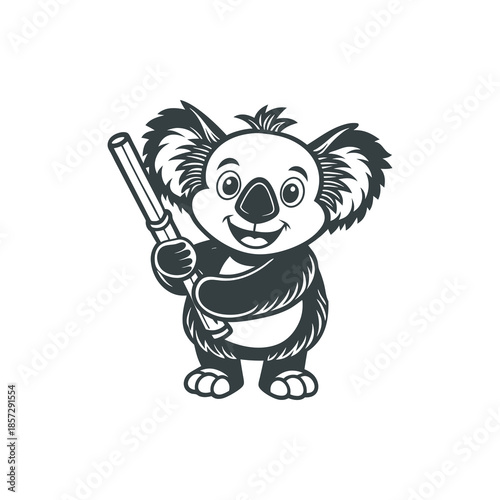 Cute cartoon koala bear holding a bamboo stick, smiling, in a black and white illustration style.