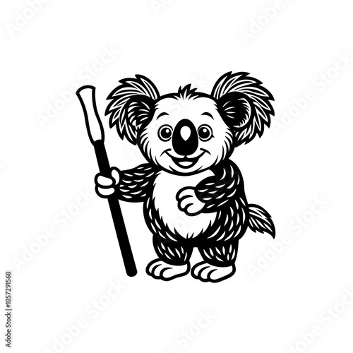 A cartoon koala character holding a staff and smiling.