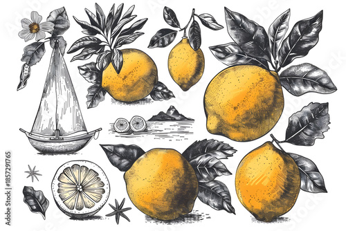 Citrus Composition: A stunning botanical illustration of lemons and leaves arranged in an artistic, creating a visual feast.