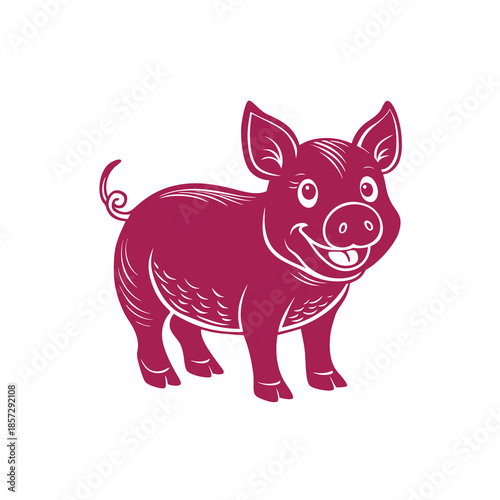 Cute cartoon piglet with a happy smile and curly tail, rendered in a vibrant pink color with white highlights.