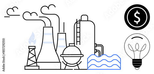 Energy production, industrial processes, sustainability, renewable energy, economy, innovation. Factory with smoke stacks, oil rig dollar symbol light bulb and water wave lines. Energy production