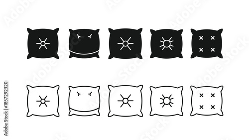 Black and white pillow icons with various face expressions in a row