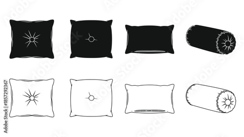 Black and white sketch of various pillows in different shapes and designs